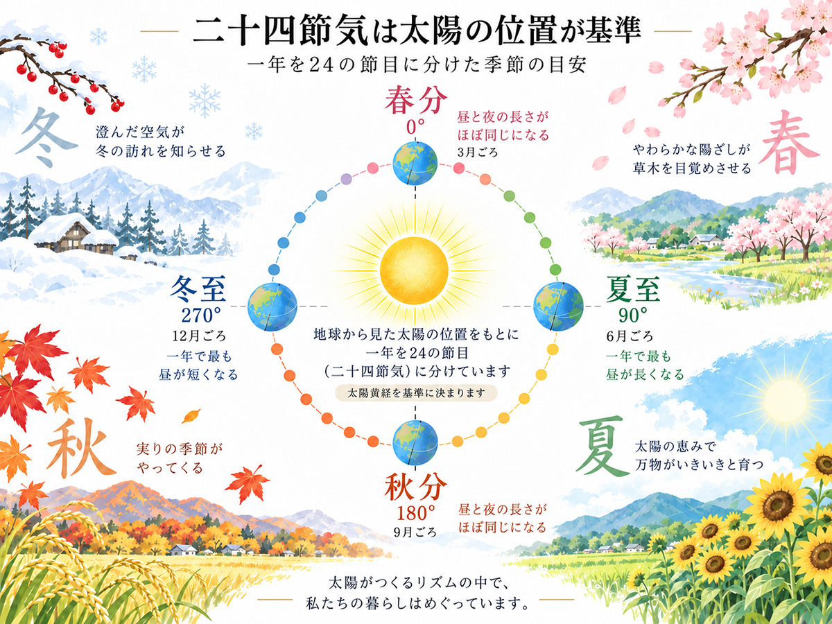 二十四節気は、地球から見た太陽の位置を表す「太陽黄経」を基準に決められています